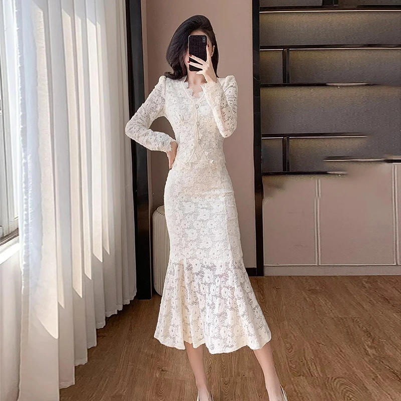 【两件套】【有里布】赫本小香风时尚气质V领长袖包臀鱼尾两件套D0437