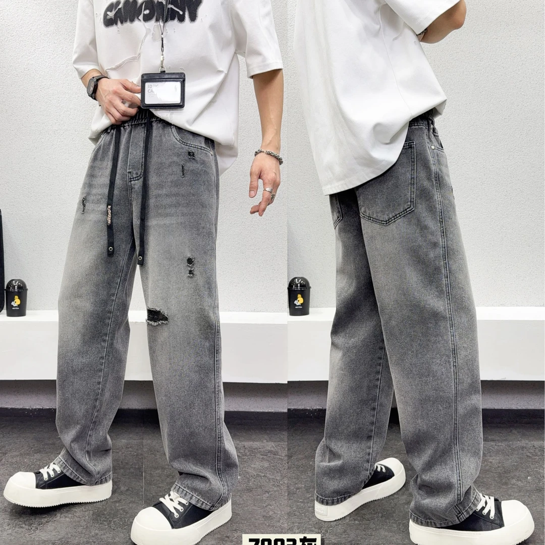 男士直筒裤子牛仔裤百搭长裤裤子水洗破洞直筒时尚美式高街松紧腰