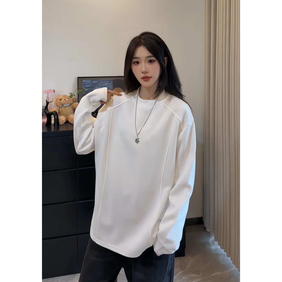 美式复古解构拼接长袖t恤男春秋季潮牌宽松正肩小领口打底衫卫衣