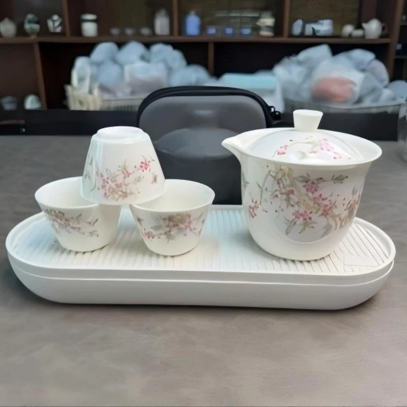 KZH0099-紫藤花旅行套一壶三杯带包+密胺白色小茶盘