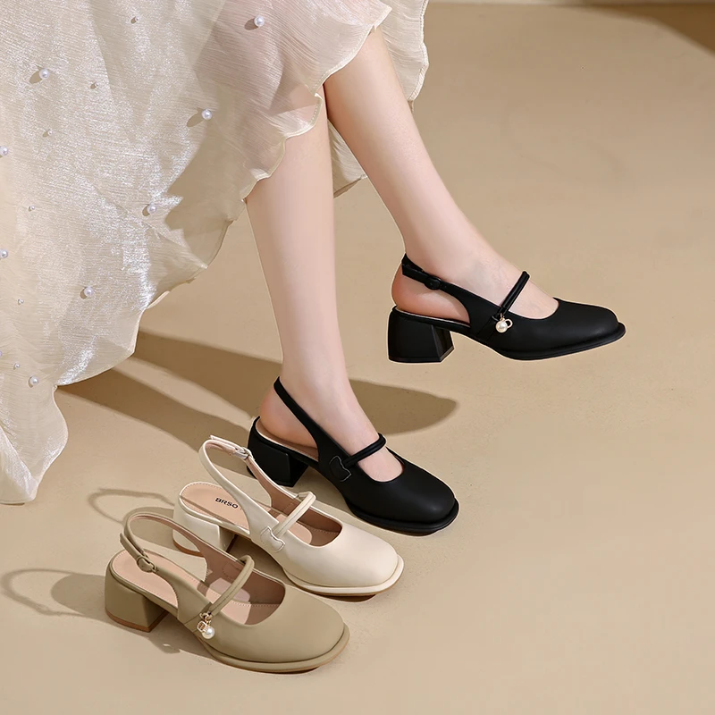 新款包头凉鞋2025夏款女法式玛丽珍中跟百搭后空软皮单鞋优雅气质