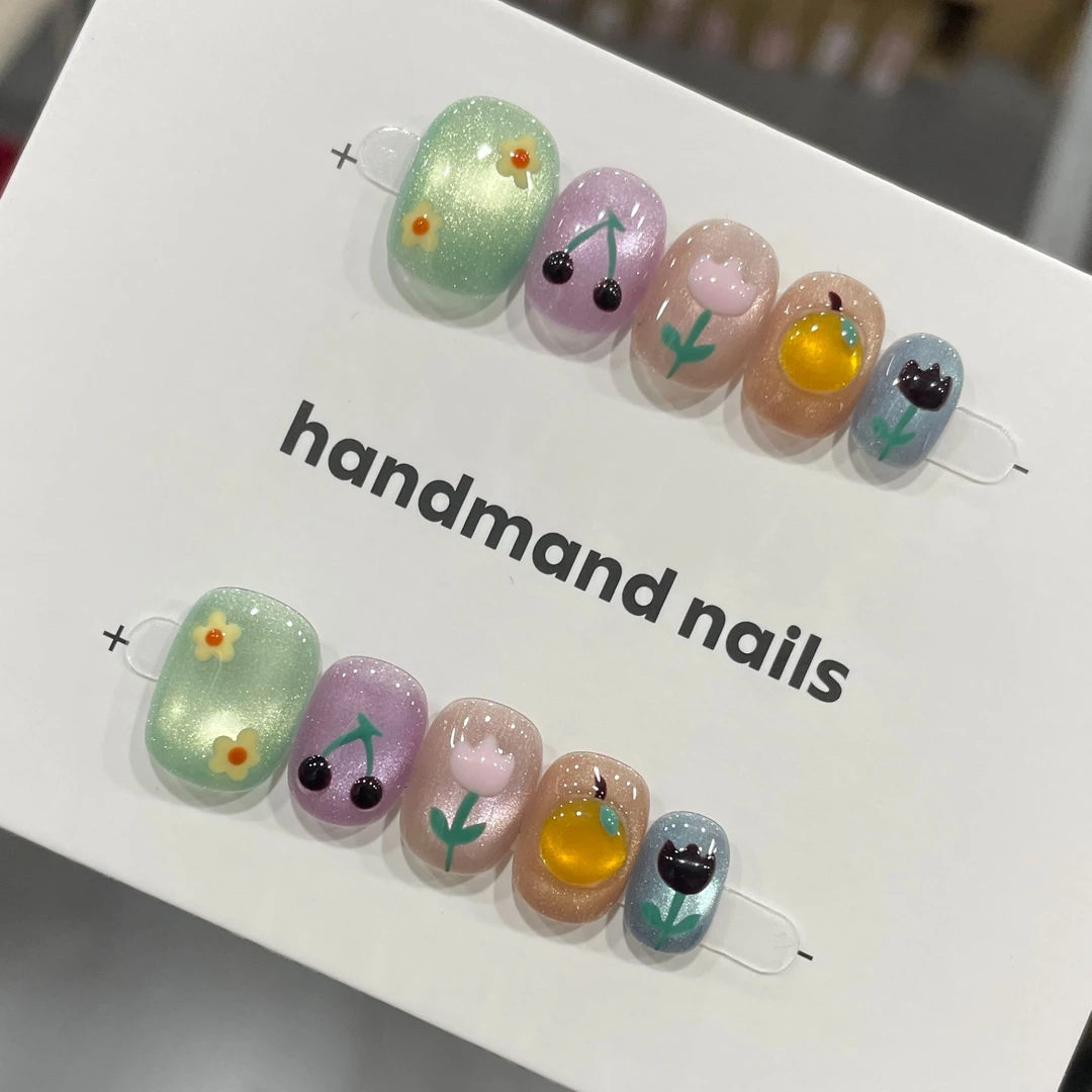 【春色满园】新款纯手工多巴胺猫眼跳色穿戴甲小众高级感短款美甲