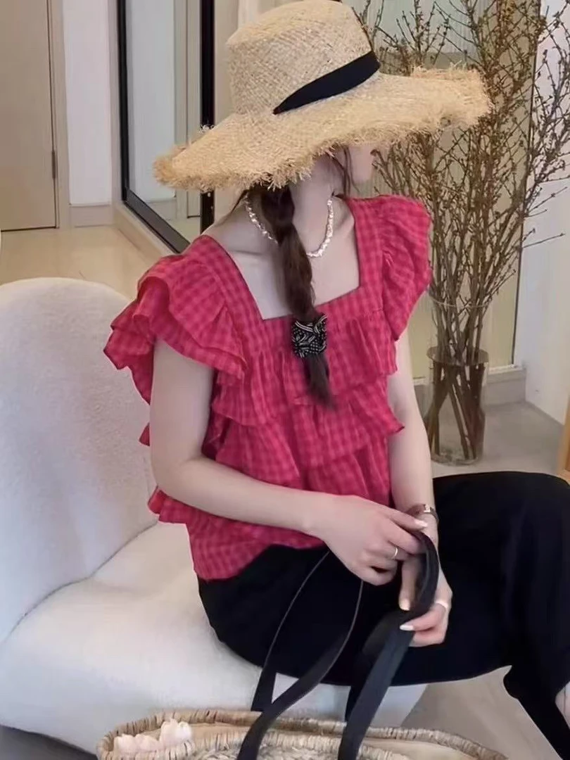 新疆包邮【8833】格子飞飞袖小衫-衣长54