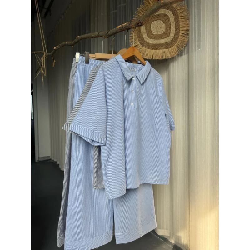 2879休闲条纹短袖夏季时尚韩版度假风衬衫