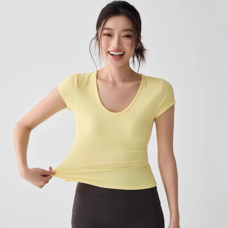 速干裸感瑜伽服女士高级跑步透气运动短袖专业普拉提训练健身上衣