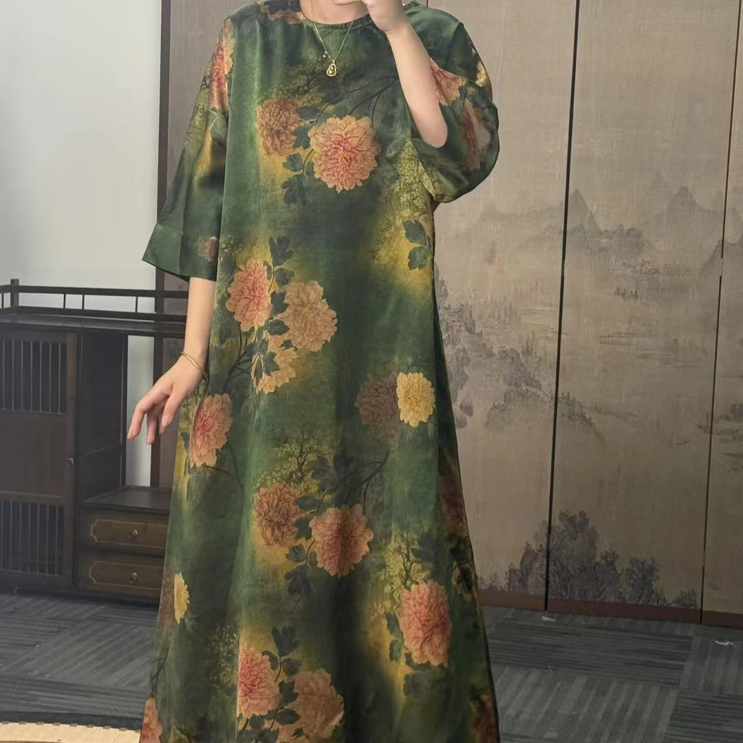 100桑蚕丝！70姆绿牡丹大袍