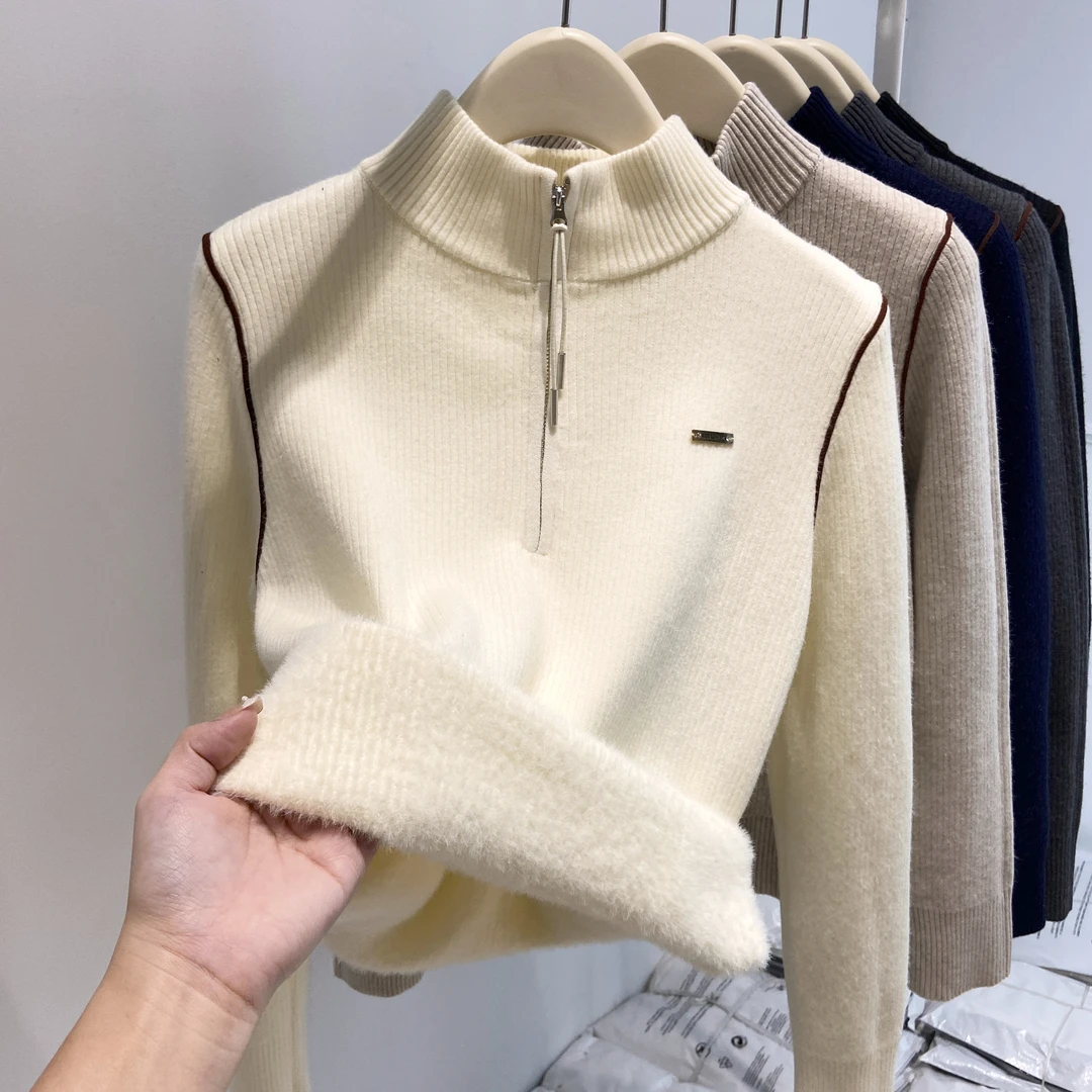 【加绒款】拉链半高领毛衣一体加绒加厚针织打底女秋冬百搭保暖上衣