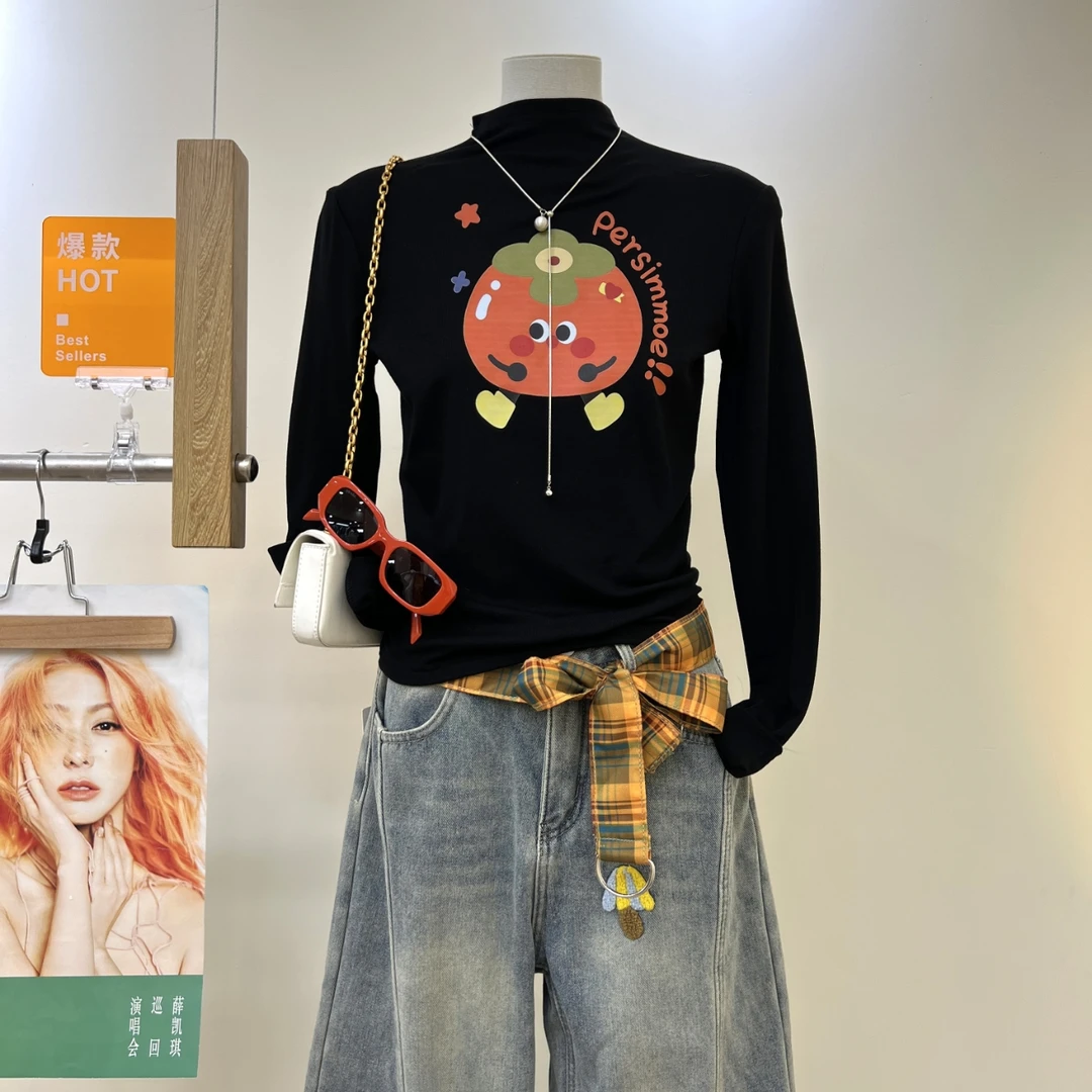 美式2025秋冬半高领长袖T恤女打底衫内搭加厚百搭显瘦设计感上衣