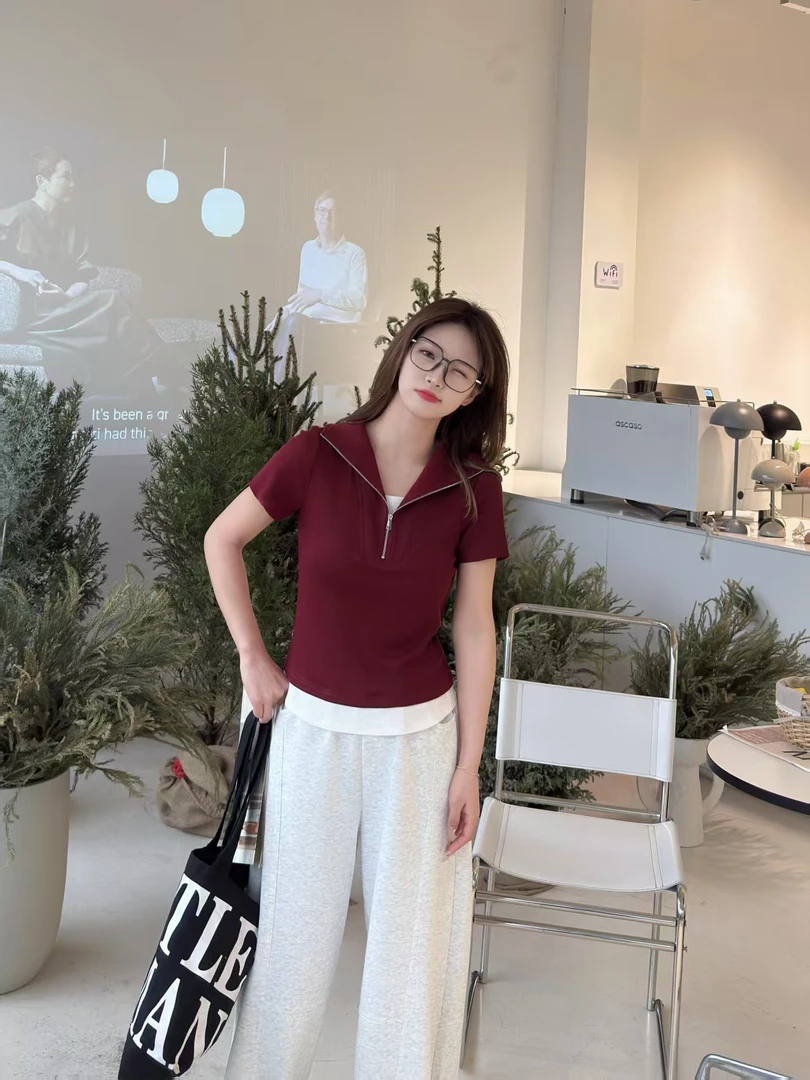 速干圆领短袖中国风刺绣纯色T恤百搭休闲夏季针织撞色修身