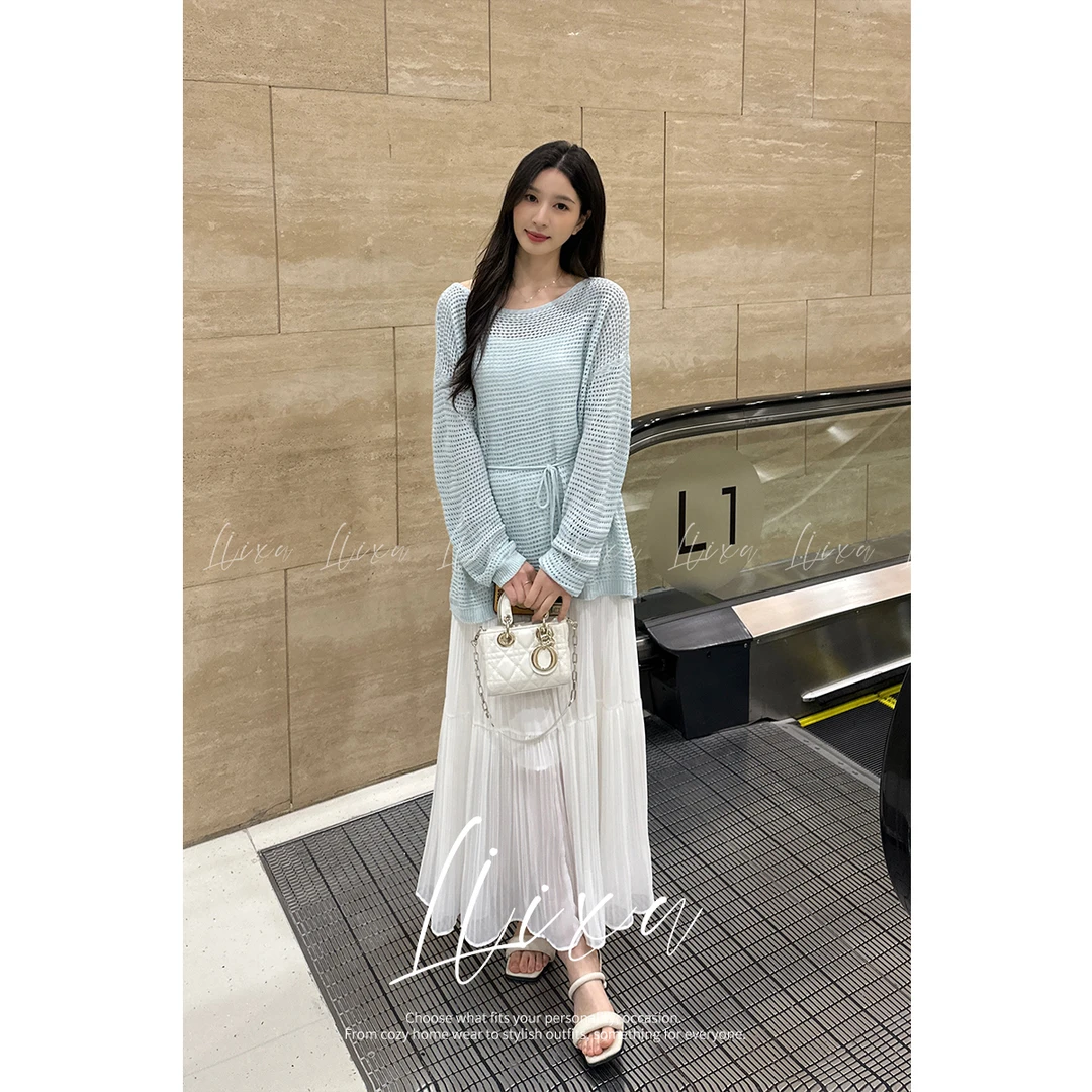 Liixu慵懒风镂空小衫防晒罩衫显瘦半裙三件套L51TZ144