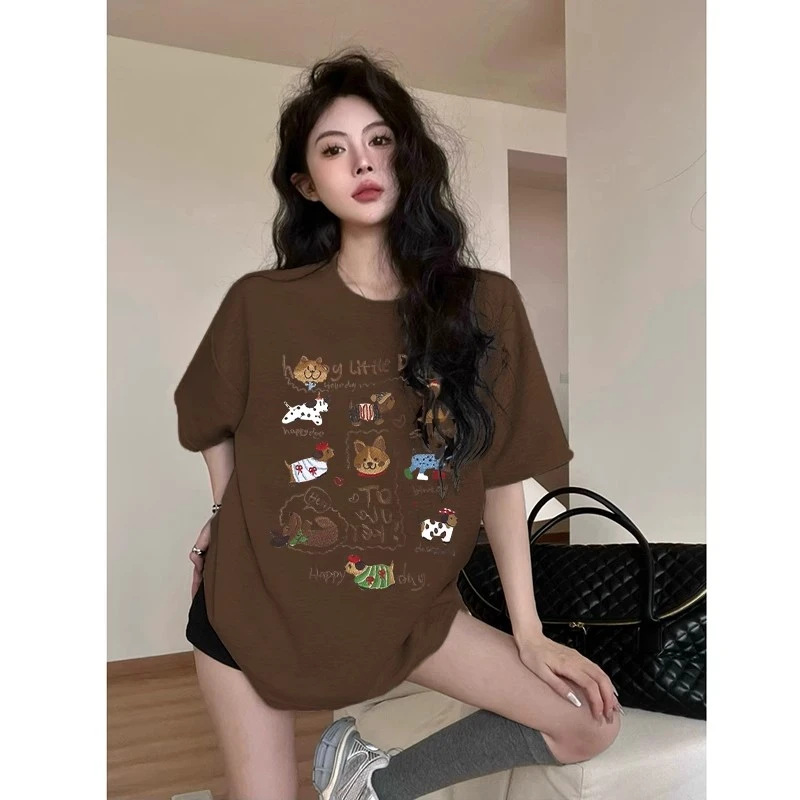 美拉德棕色短袖t恤女夏季2025新款oversize复古半袖纯棉显瘦上衣