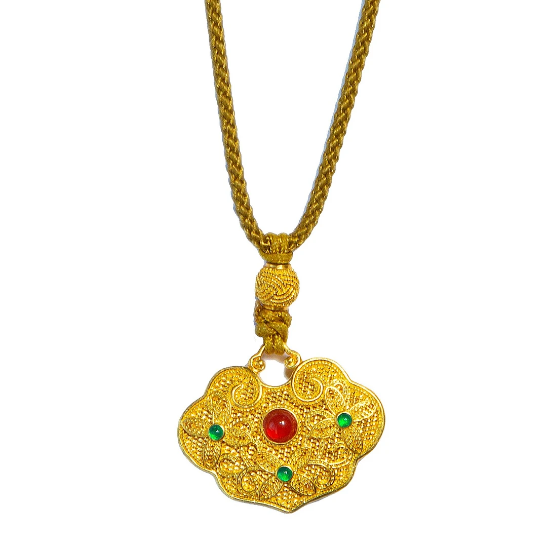 【赛菲尔万足】999.9足金古法花丝如意锁黄金吊坠红珐琅