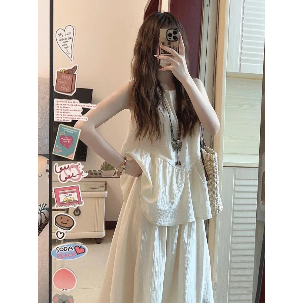 中式假两件圆领无袖背心连衣裙套装新款夏季清冷禅意字长裙子国潮