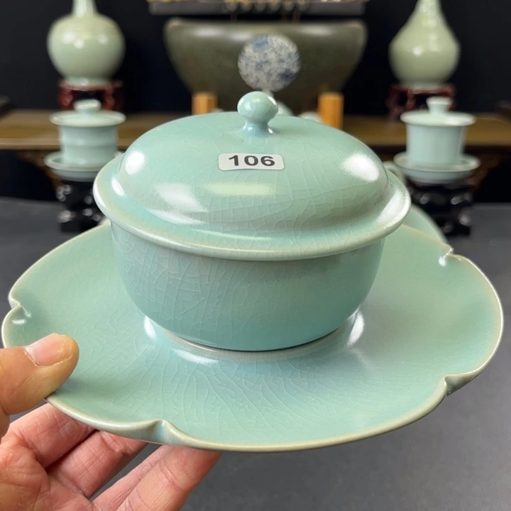 杯香*仿古釉汝官窑葵口盏托106号