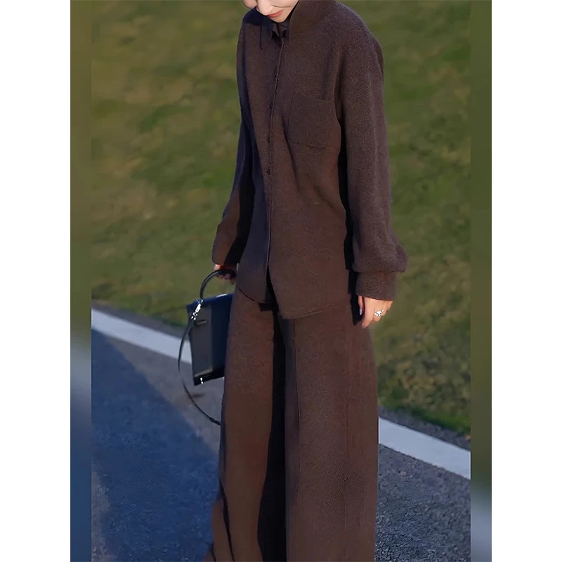 棕色时尚套装女2025年轻奢韩系时髦气质毛衣阔腿裤春季穿搭一整套