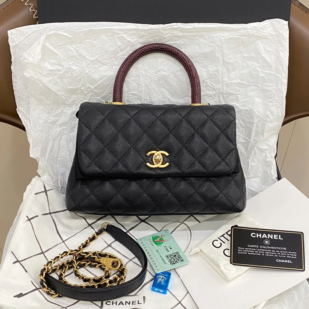 95新 Chanel/香奈儿 coco handle小号黑金蜥蜴手柄手提斜挎包