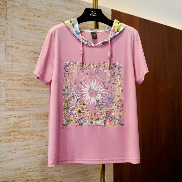 【浪漫鲜花短袖帽衫】夏季时髦穿搭洋气显瘦连帽T恤女式减龄上衣
