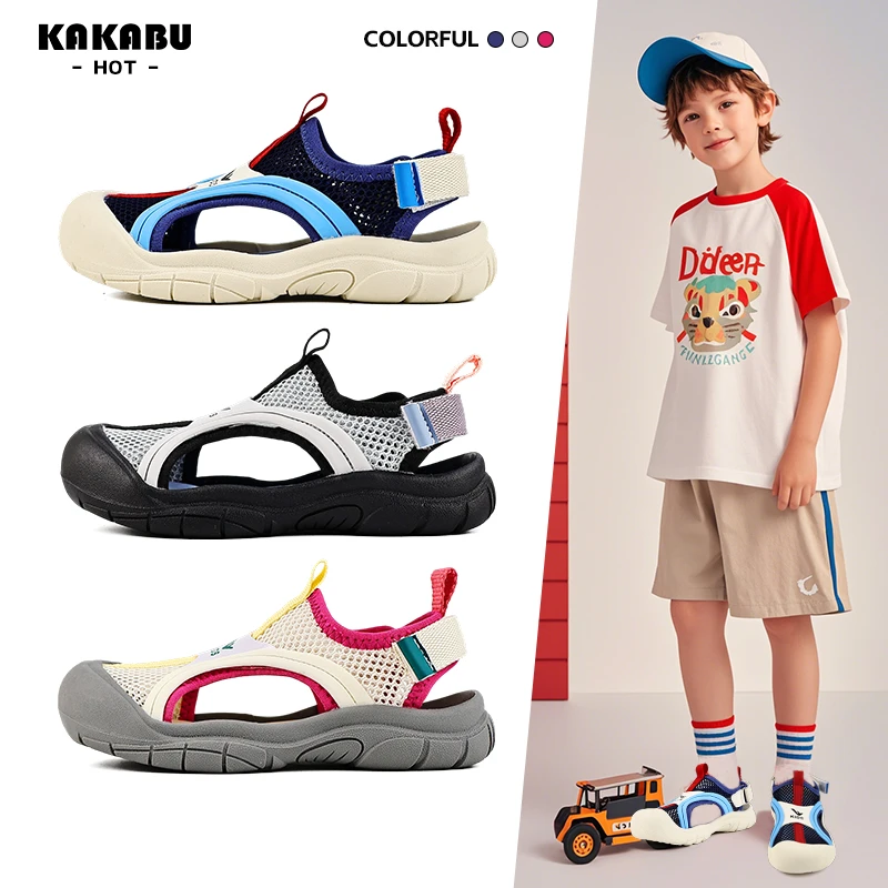 夏季新款魔术贴网面透气儿童沙滩鞋轻便软底防踢包头儿童凉鞋1080