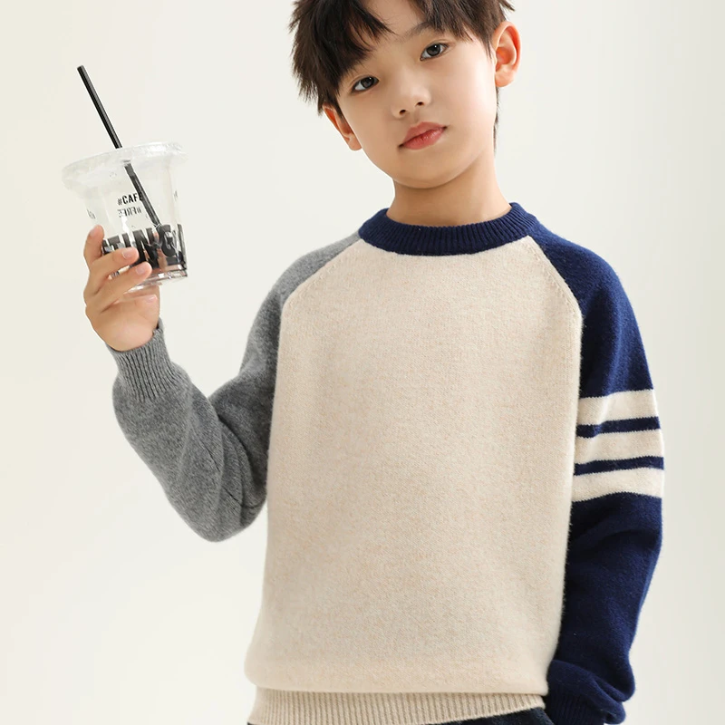 加厚圆领撞色三道杠儿童羊绒衫男女童套头毛衣大小童针织羊毛打底