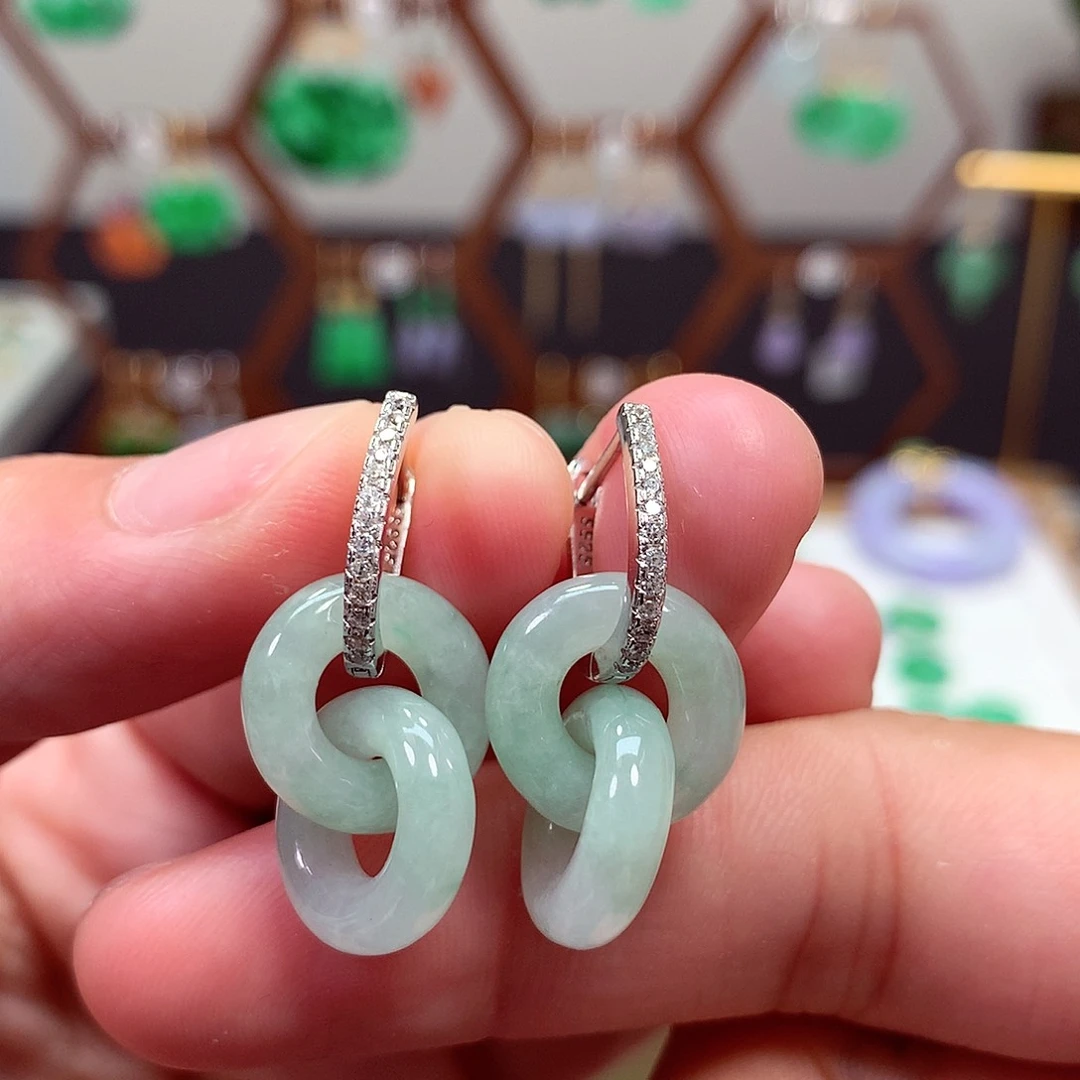 翡翠银S925镶嵌耳饰天然翡翠