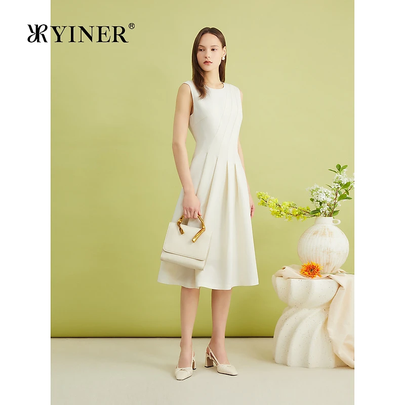 YINER音儿春季法式优雅无袖乔其花瓣裙摆羊毛连衣裙