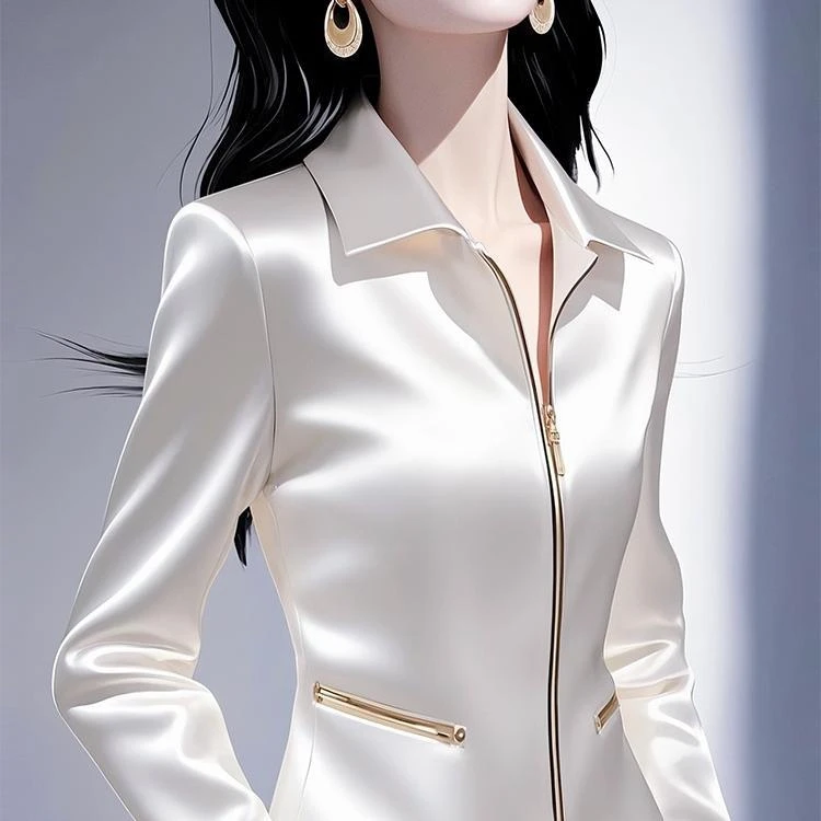 今年爆款时尚高端白色缎面衬衫女2025早春新款超好看收腰拉链衬衣