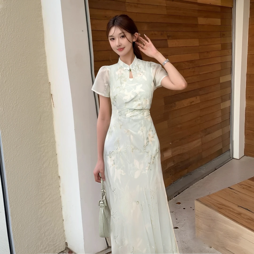 【V】A【有里布】夏季显瘦女新中式2025新收腰短袖长裙D1674