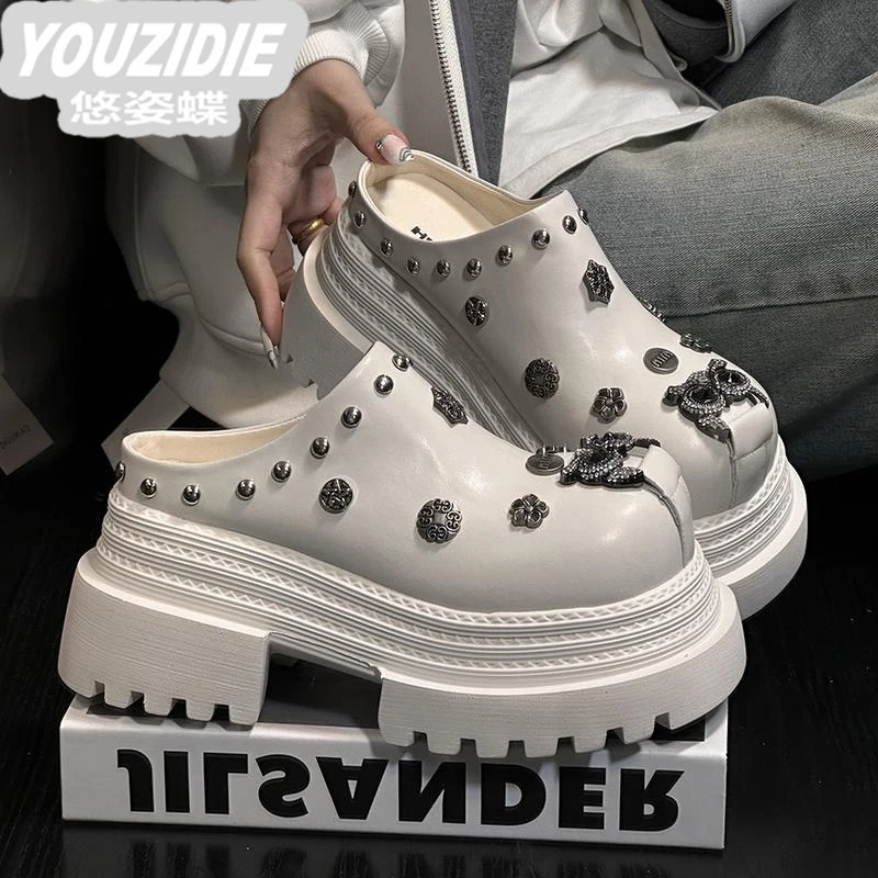 欧货铆钉轻奢大头松糕厚底包头半拖鞋女外穿时尚小个子增高乐福鞋