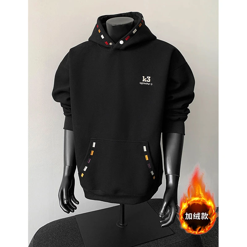 春秋百搭刺绣连帽卫衣男美式印花重磅外套宽松情侣休闲帽衫上衣