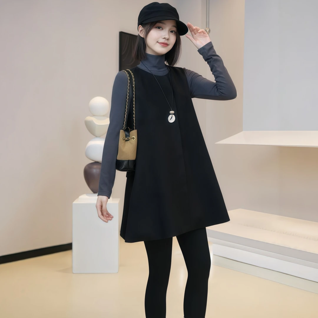 韩系轻熟风减龄套装女2025秋季大码胖MM无袖连衣裙+打底衫两件套