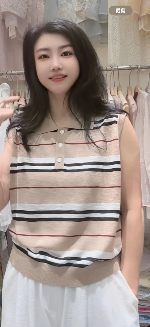 女条纹英伦见外包装无袖POLO领毛针织衫ins毛衣针织衫休闲上衣