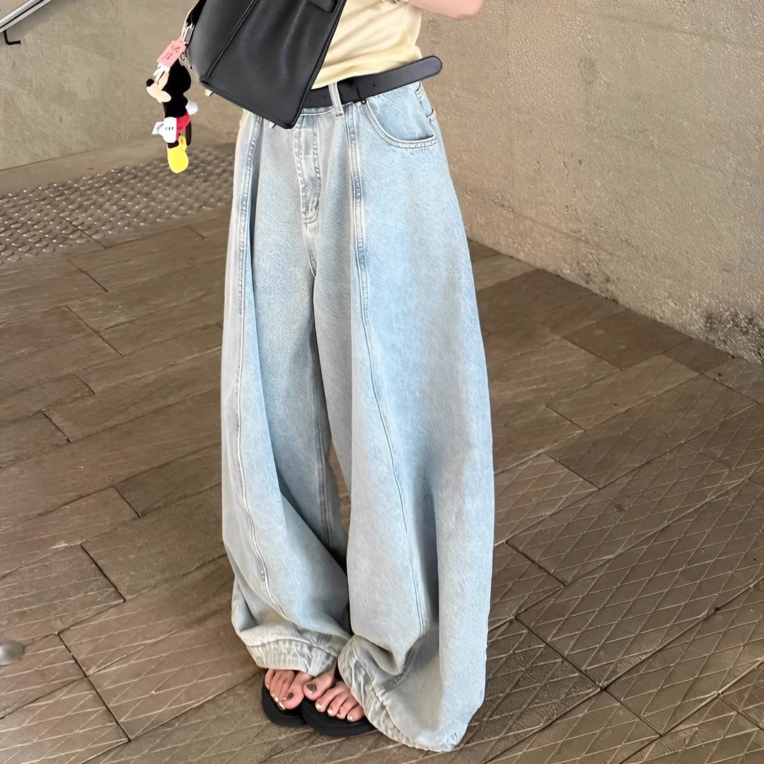 复古水洗蓝色牛仔阔腿裤女夏薄款低腰垂感气球裤休闲拖地裤子长裤