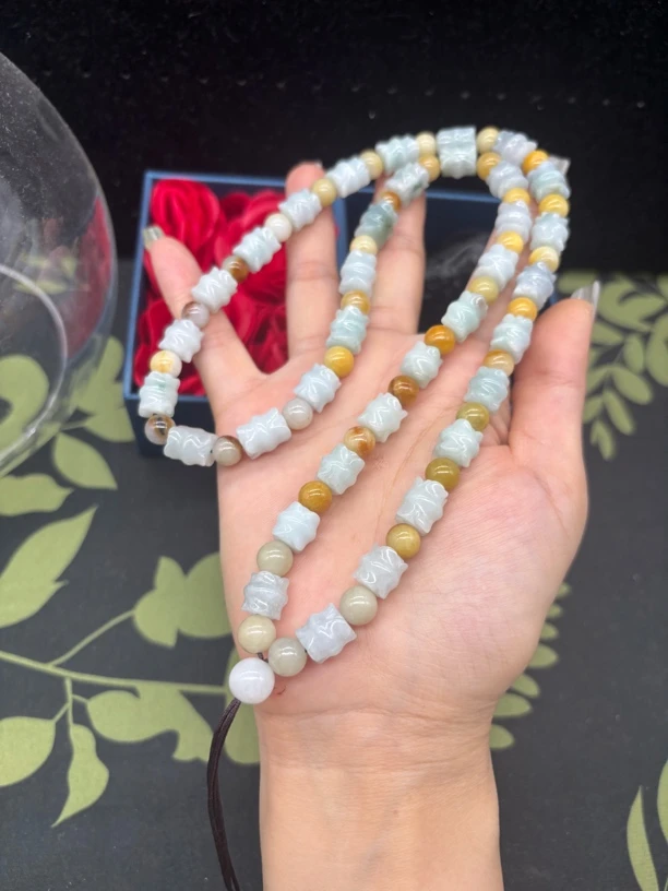 福利天然缅甸老坑翡翠糯种黄翡圆珠莲花竹节9mm玉石挂件绳毛衣链