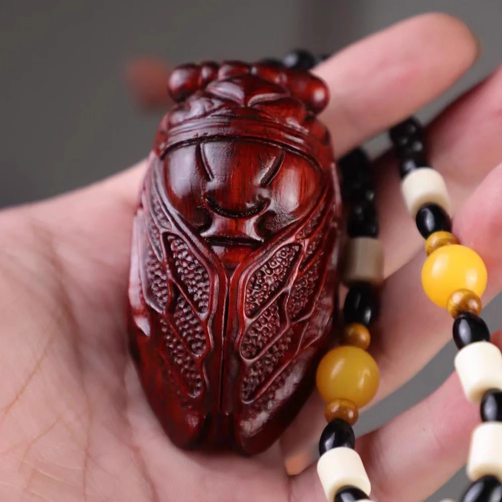 紫檀木雕一鸣惊人手把件汽车挂件实木质知了蝉文玩把件工艺品