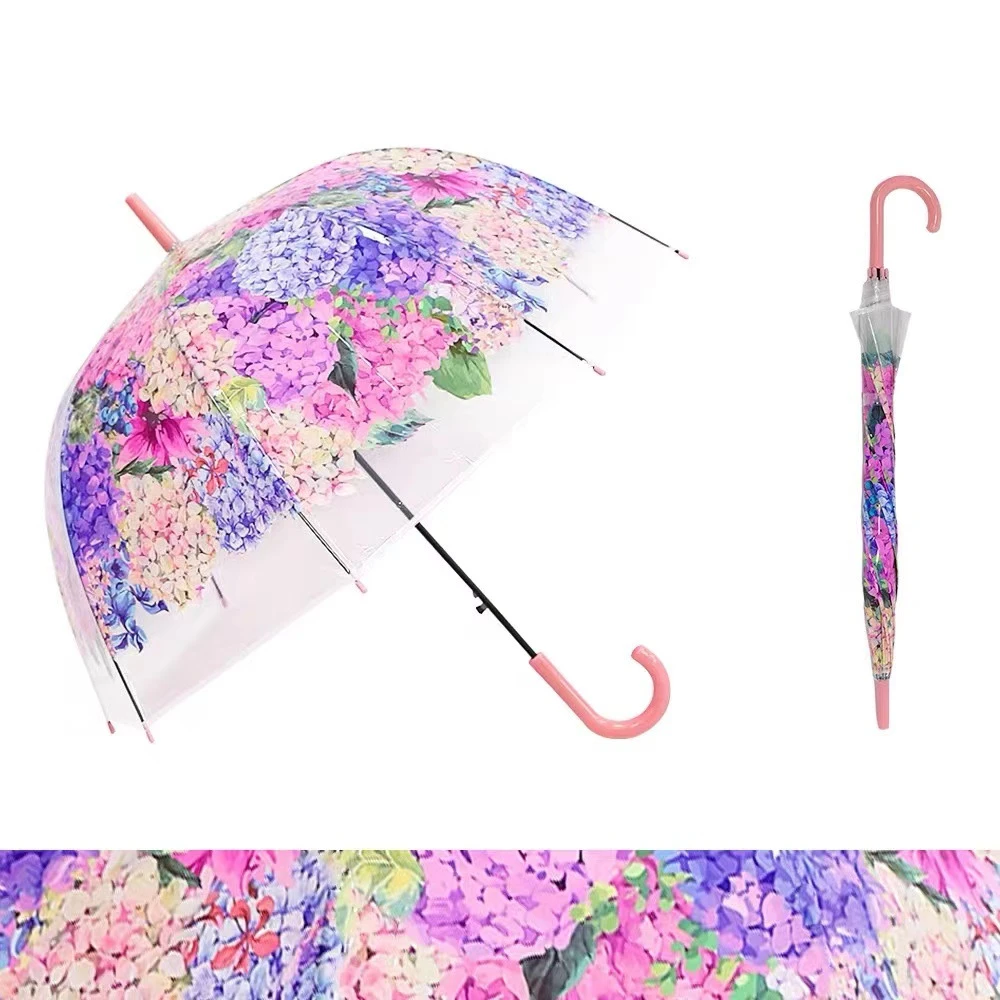 新款半自动雨伞女绣球花印花长柄伞弯柄轻量纤细透明伞学生伞