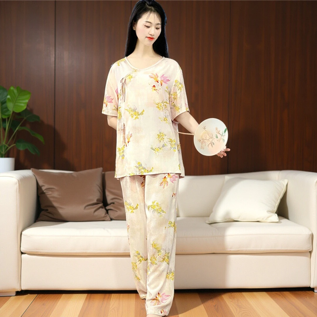 国风睡衣女士春夏薄款莱赛尔新中式V领短袖睡衣可外穿家居服Y165