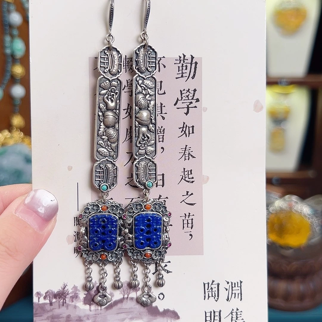青金石银S925镶嵌挂件耳环