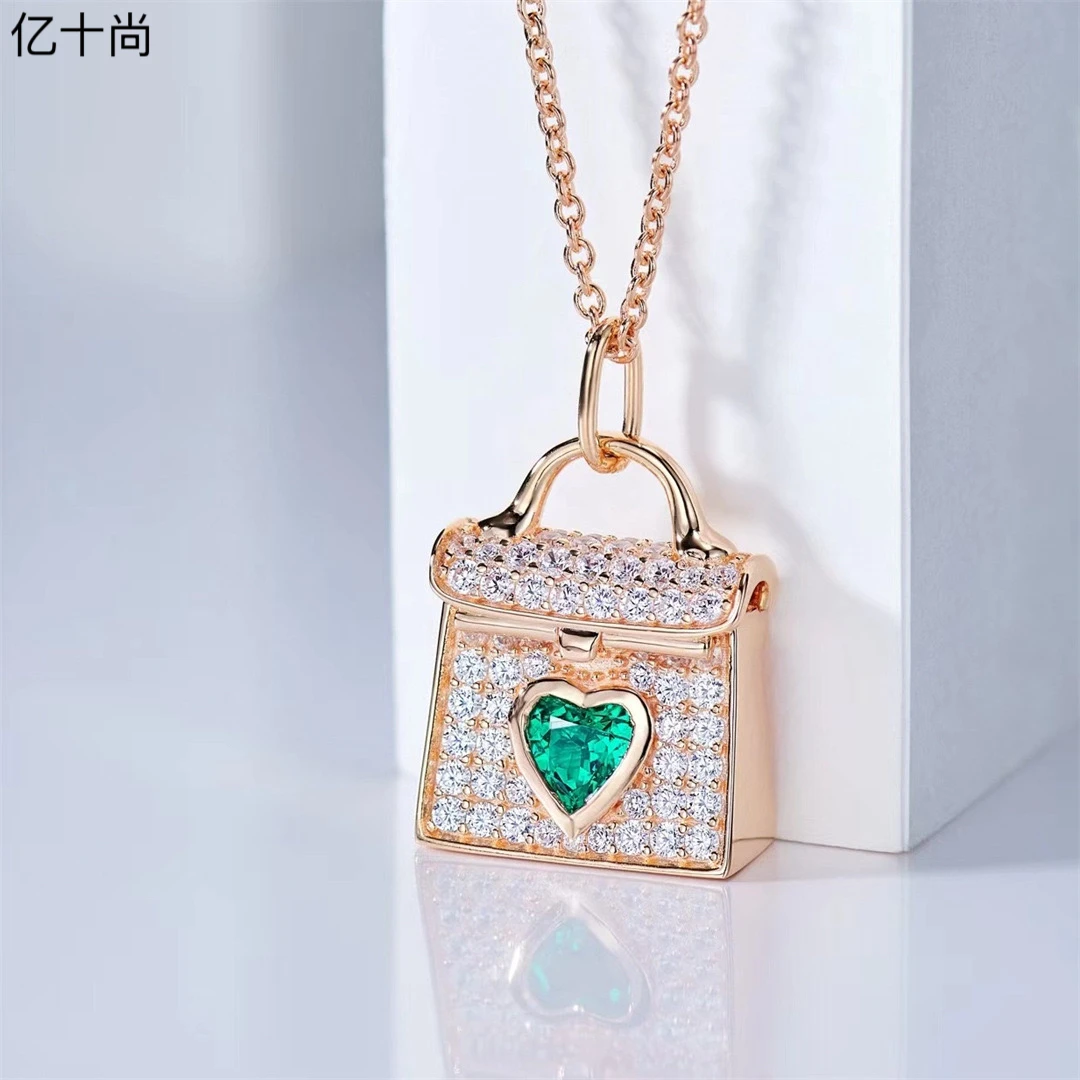 坠链均925银合成锆石 亿十尚祖绿心形包包高档吊坠项链时尚洋气美
