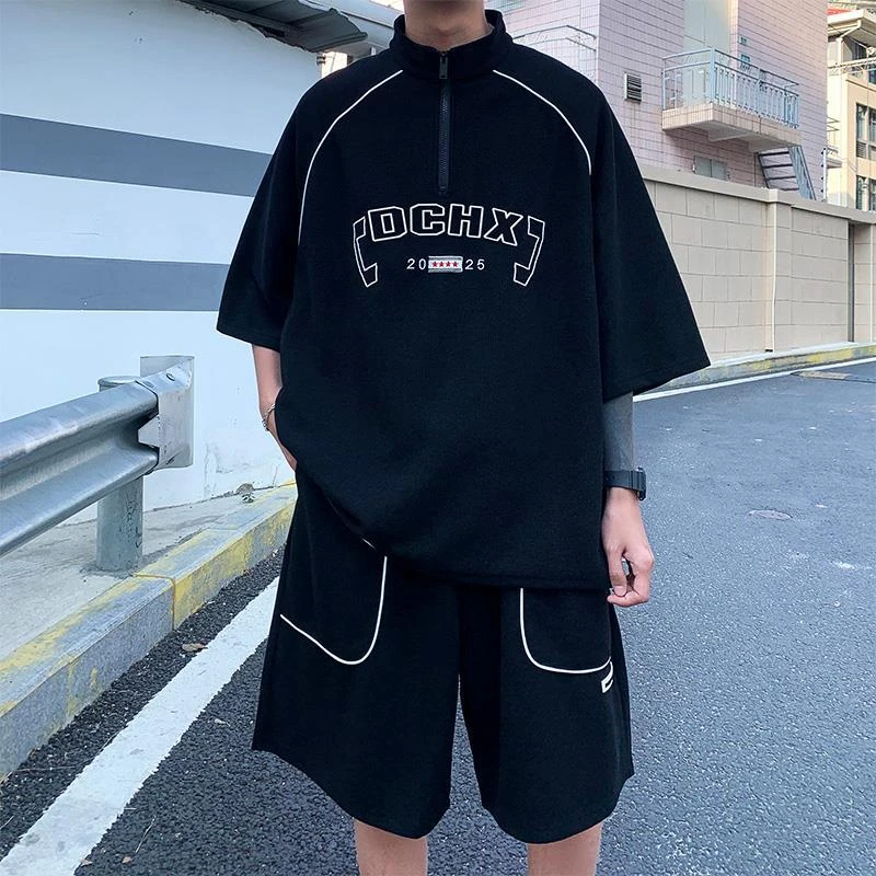 华夫格半拉链套装男夏季薄国潮牌短袖t恤宽松短裤运动休闲两件套