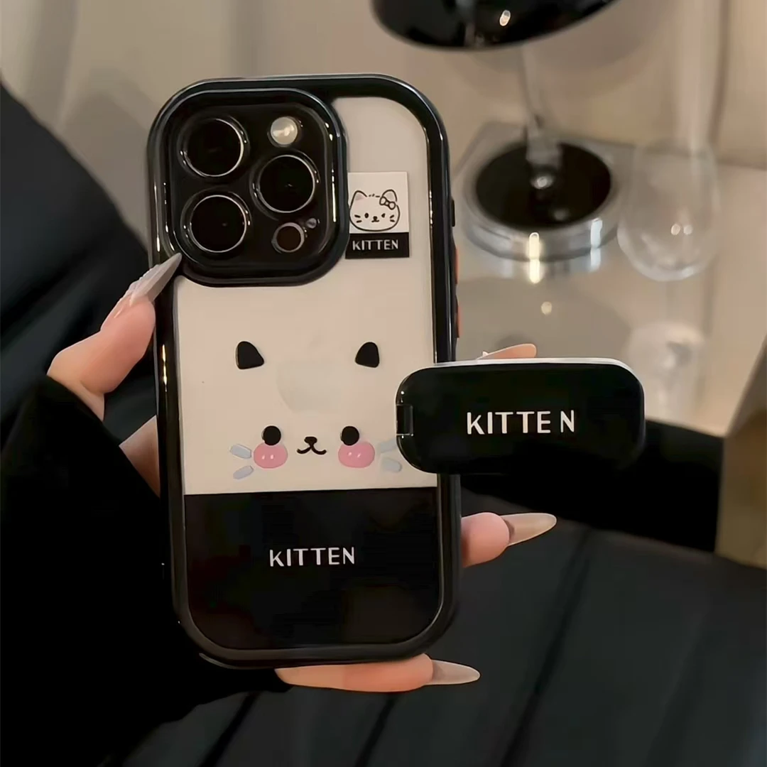 黑蓝猫咪标签ins奶油支架手机壳适用苹果16华为p70vivo小米15oppo