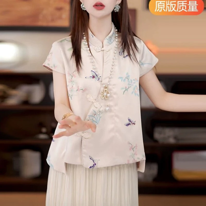 夏季新款女装立领印花新中式国风版显瘦气质高端衬衫时尚短袖上衣