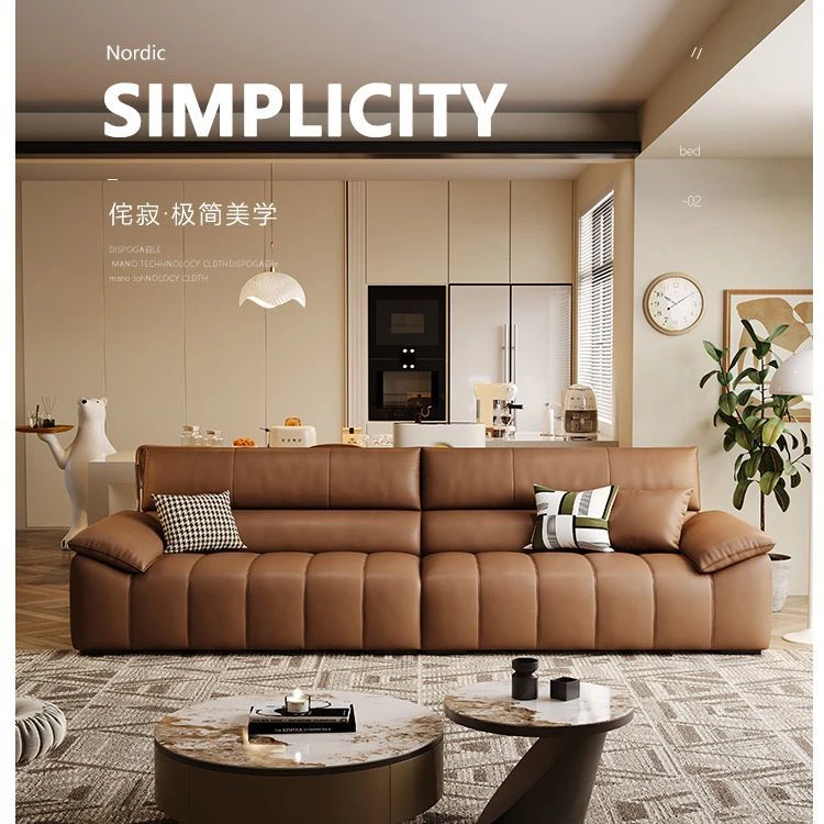 意式轻奢皮艺沙发头层牛皮大小户型现代简约钢琴键直排客厅三人位