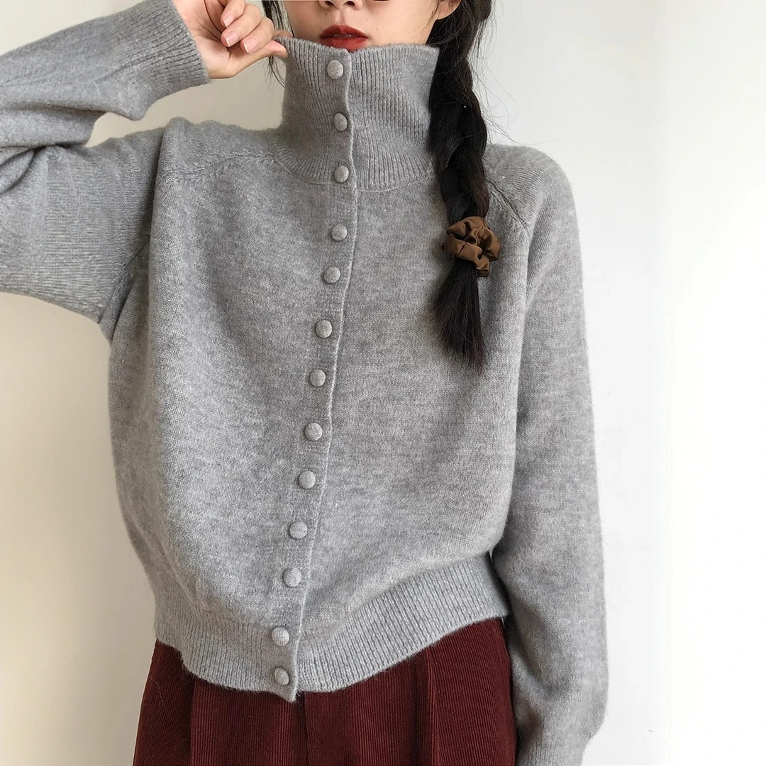 高领针织开衫女新款秋冬季新款复古韩系慵懒风高级感宽松毛衣外套