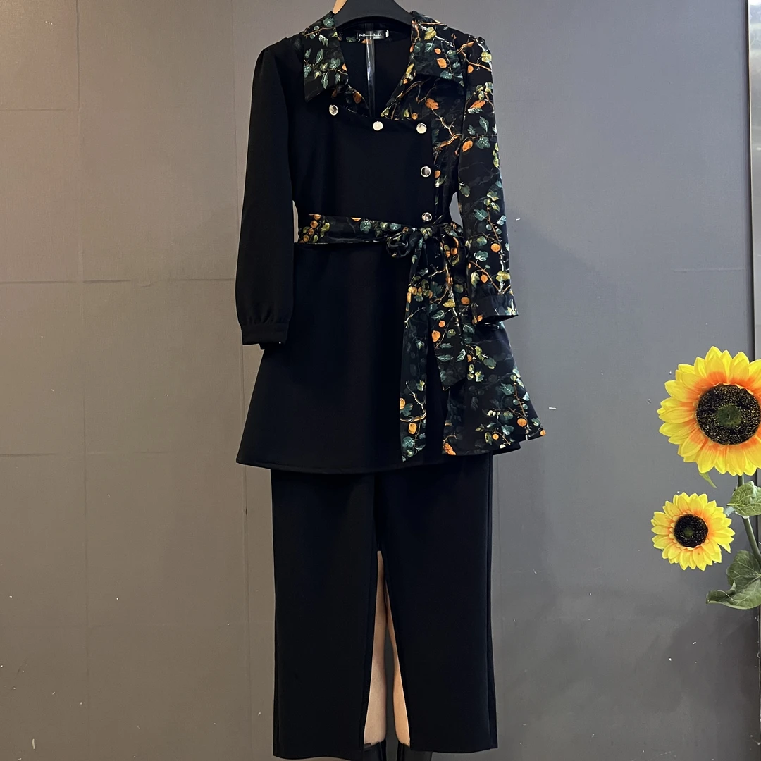 新款时尚气质大码女装AB版拼接显瘦上衣搭配裤子套装