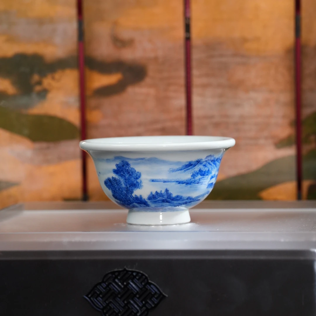 青河柴窑丨青花山水压手杯 容量100cc景德镇陶瓷