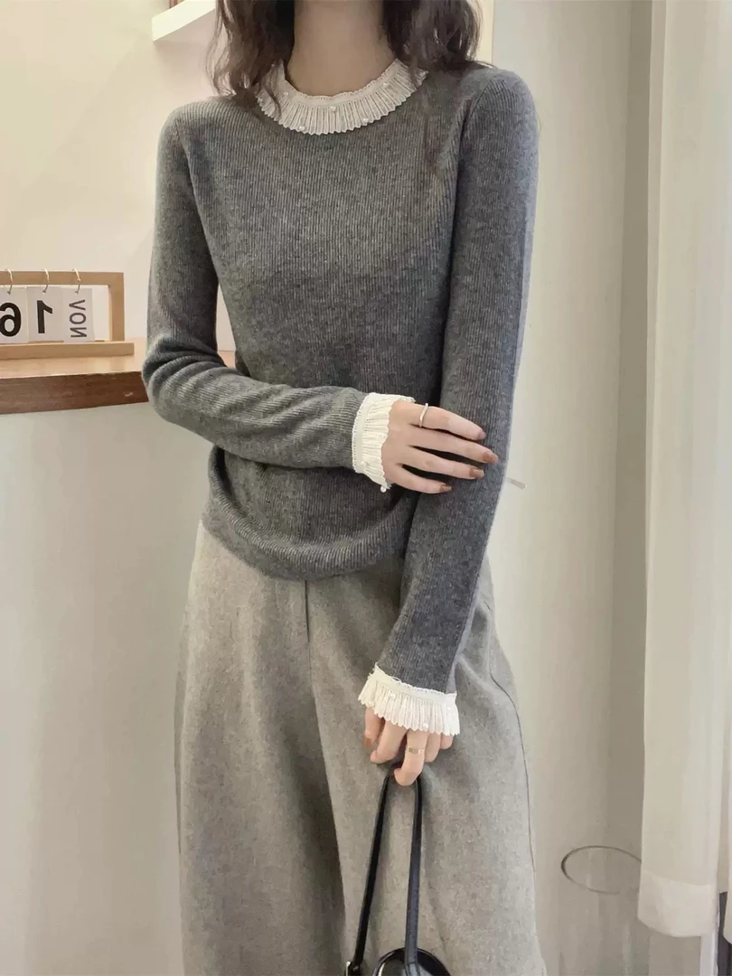 （过年秒杀）韩版气质圆领钉珠蕾丝花边打底羊毛针织衫上衣