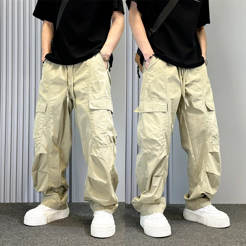 美式街头弯刀工装裤男夏薄款卡其色宽松直筒裤痞帅大码阔腿休闲裤