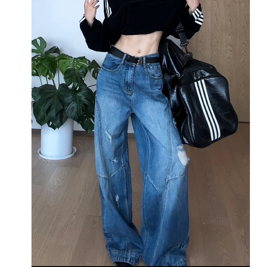 【闲酷街头】个性设计感破洞拼接休闲宽松显瘦牛仔长裤