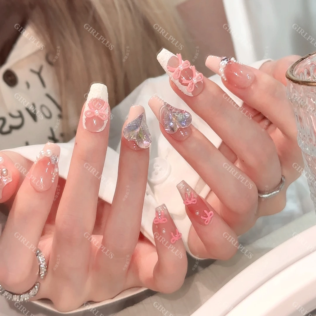 『吉赛尔芭蕾小兔兔』z纯欲裸粉法式纯手工穿戴甲长款美甲