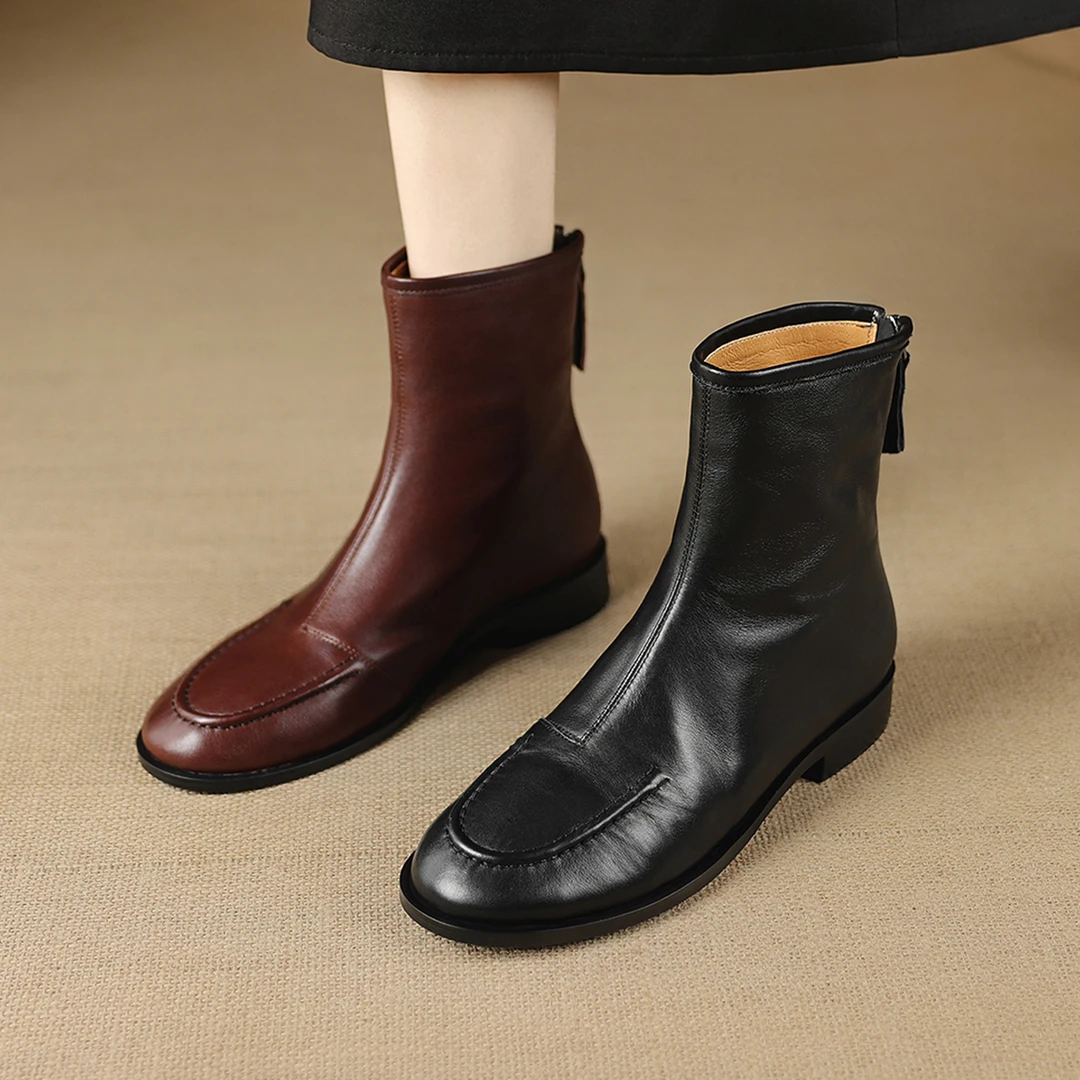 2025秋冬新款真皮英伦风短靴女后拉链休闲平底时尚气质百搭时装靴